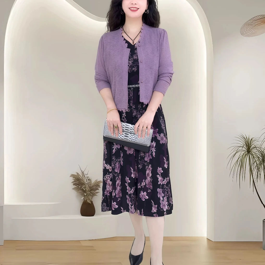 夏季新款时尚洋气碎花连衣裙两件套宽松显瘦减龄休闲百搭中长裙子