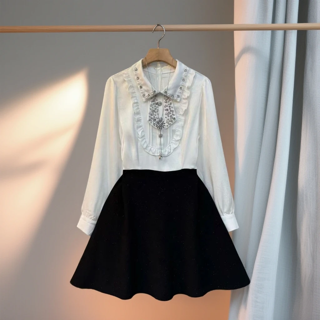 2025法式气质翻领拼接显瘦气质时尚长袖连衣裙69133