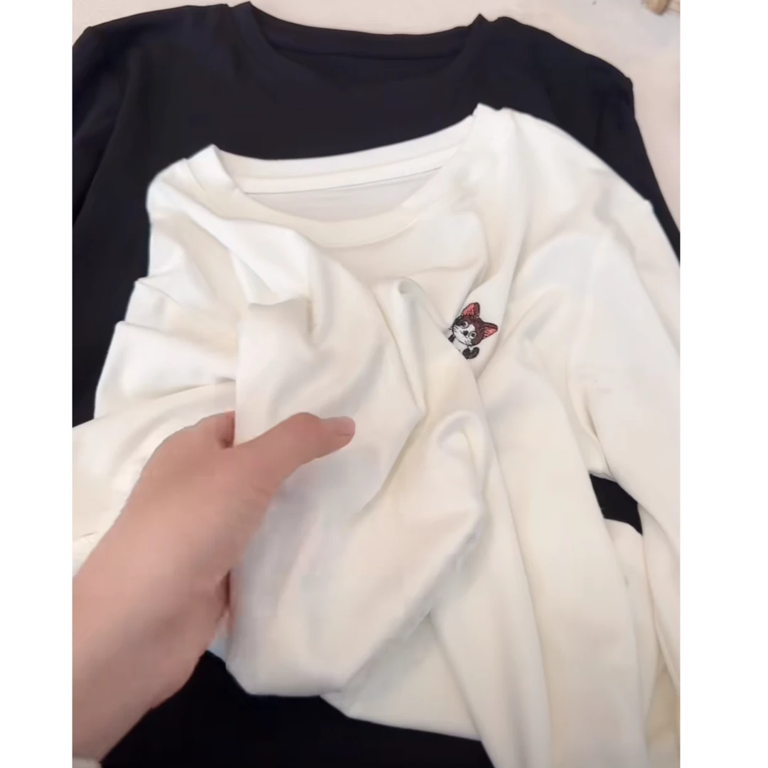 【小猫水溶白】新款水溶面膜打底小猫刺绣长袖