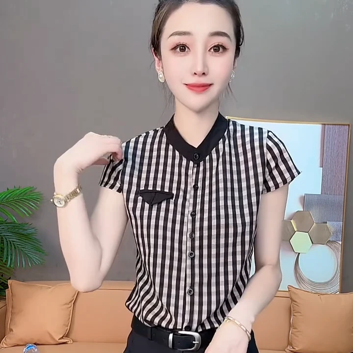 2025新款时尚气质衬衫立领条纹短袖打底衫女显瘦百搭小众别致上衣