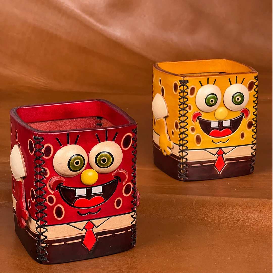 啸狼手工皮具头层牛皮创意桌面笔筒笔袋牛皮摆饰