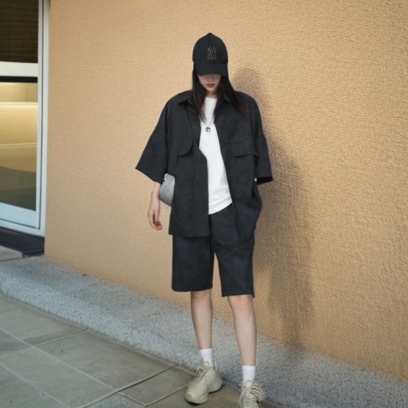 短袖衬衫男夏季舒适透气设计感速干提花上衣潮牌宽松休闲半袖套装