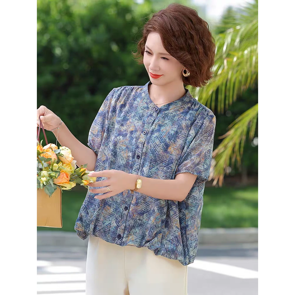 【清货】小立领时尚薄款碎花妈妈装夏宽松洋气遮肚显瘦雪纺衫CY015