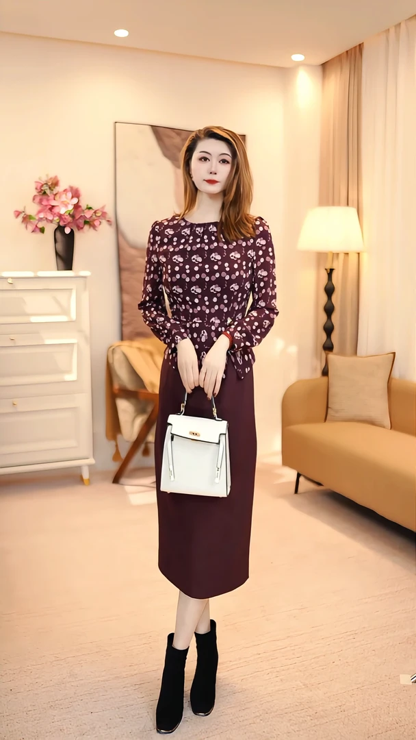 圆领波点长袖显瘦春秋气质轻奢连衣裙小众设计 86156