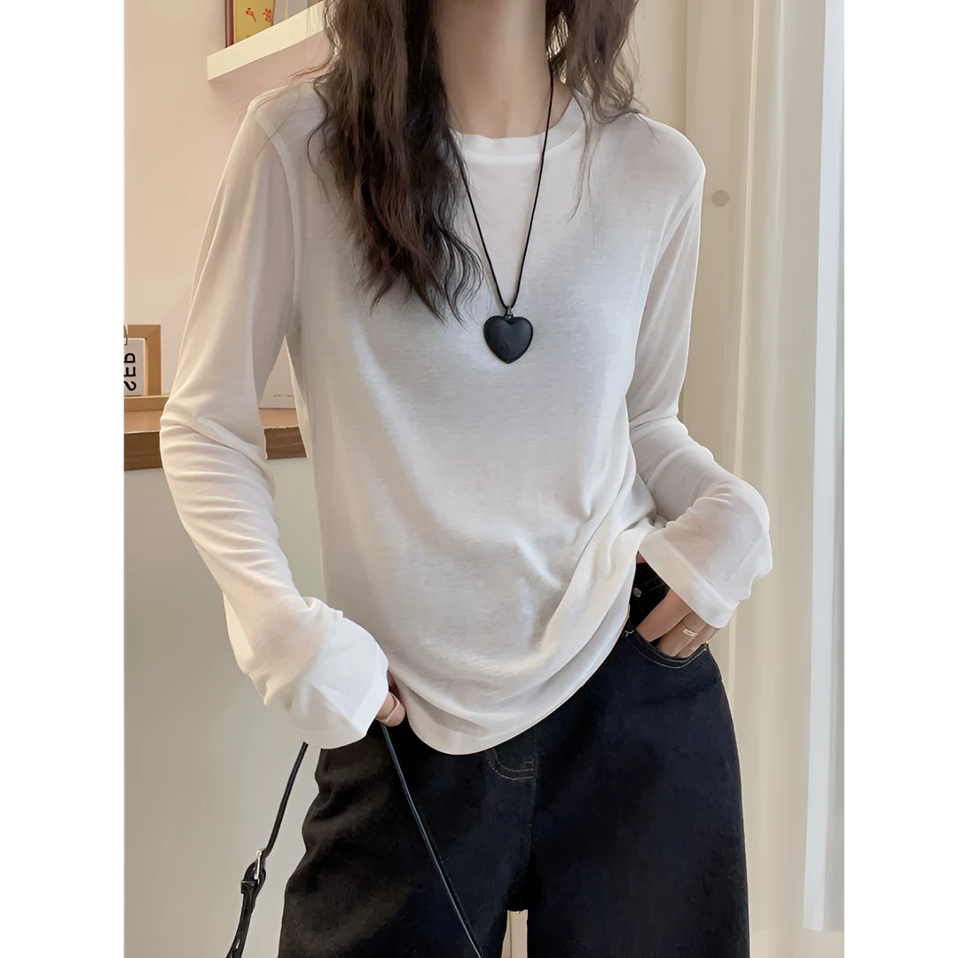 欧洲站2025春装新款欧货女装白色长袖T恤简约显瘦薄款舒适小衫潮