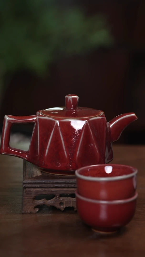 【闪购商品】清凉寺原产地仿古釉手工钧瓷八方壶+两杯