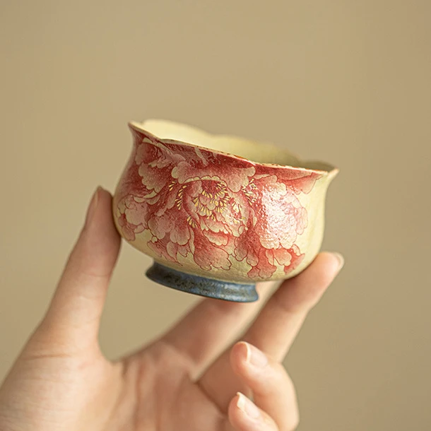 予迟器【国色牡丹】青花火石红茶杯主人杯品茗杯陶瓷茶具功夫茶具
