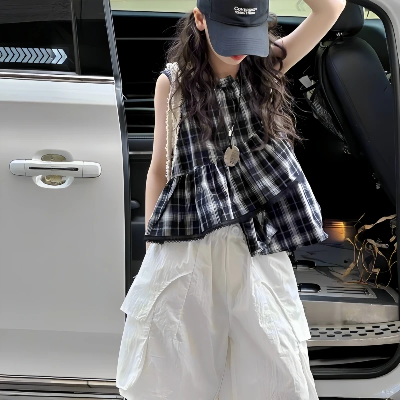 不对称格纹女童夏季背心儿童百搭上衣2025新款大童套装韩版夏季
