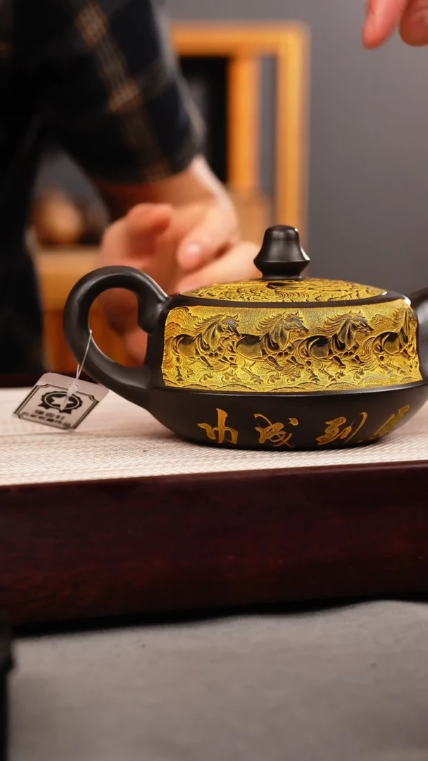 茶杯紫砂石黄 曲壶 八骏 描金