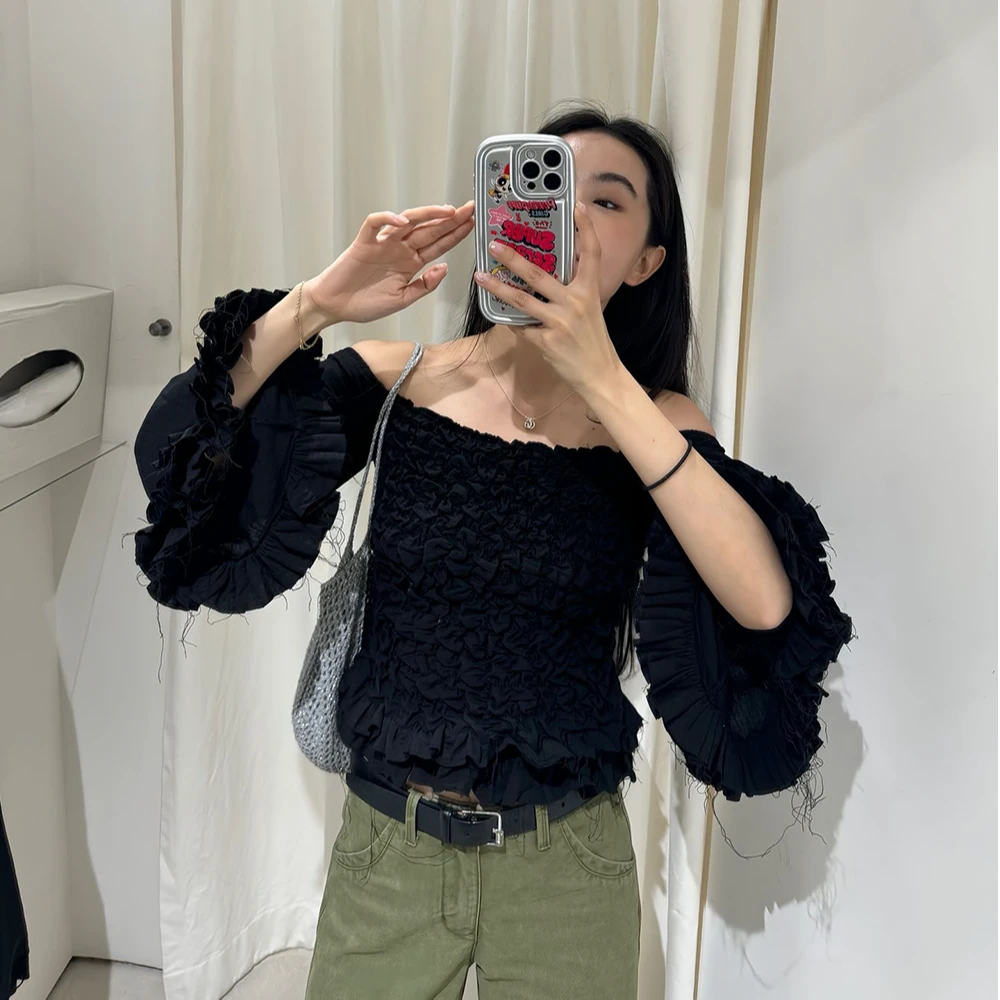 【清】逸语IN choose u笑笑家2025夏季法式褶皱打揽一字肩上衣86752