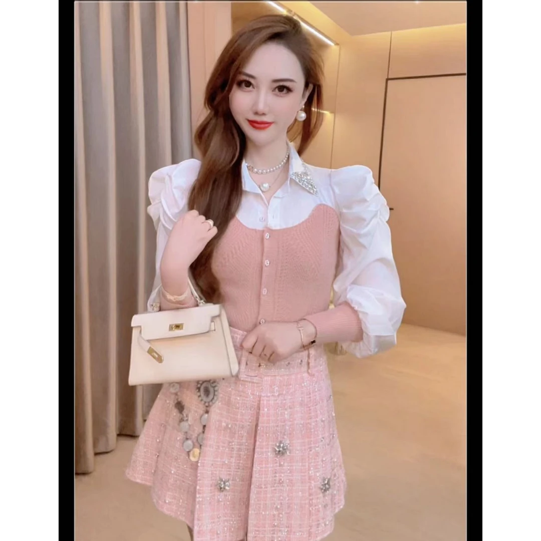 【雾里寻花】重工钉珠轻奢拼接假两件显瘦针织上衣女Y23