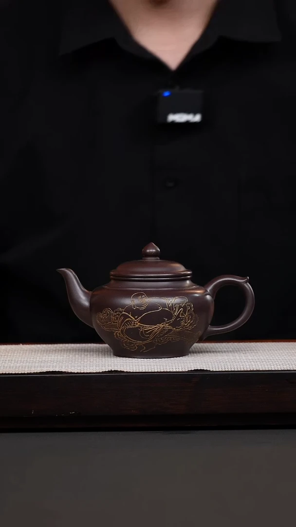 茶壶紫砂茄皮紫刻绘笑樱