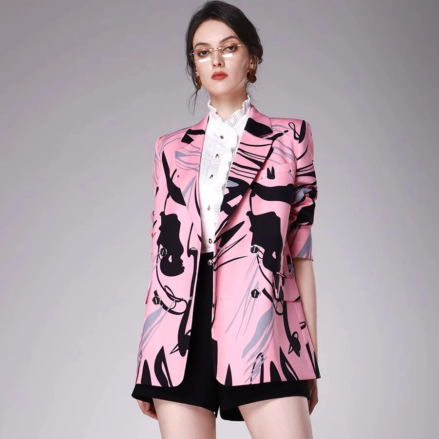 【诗语专属】AUI粉色印花通勤职业西装外套高端垫肩西服-西装外套女