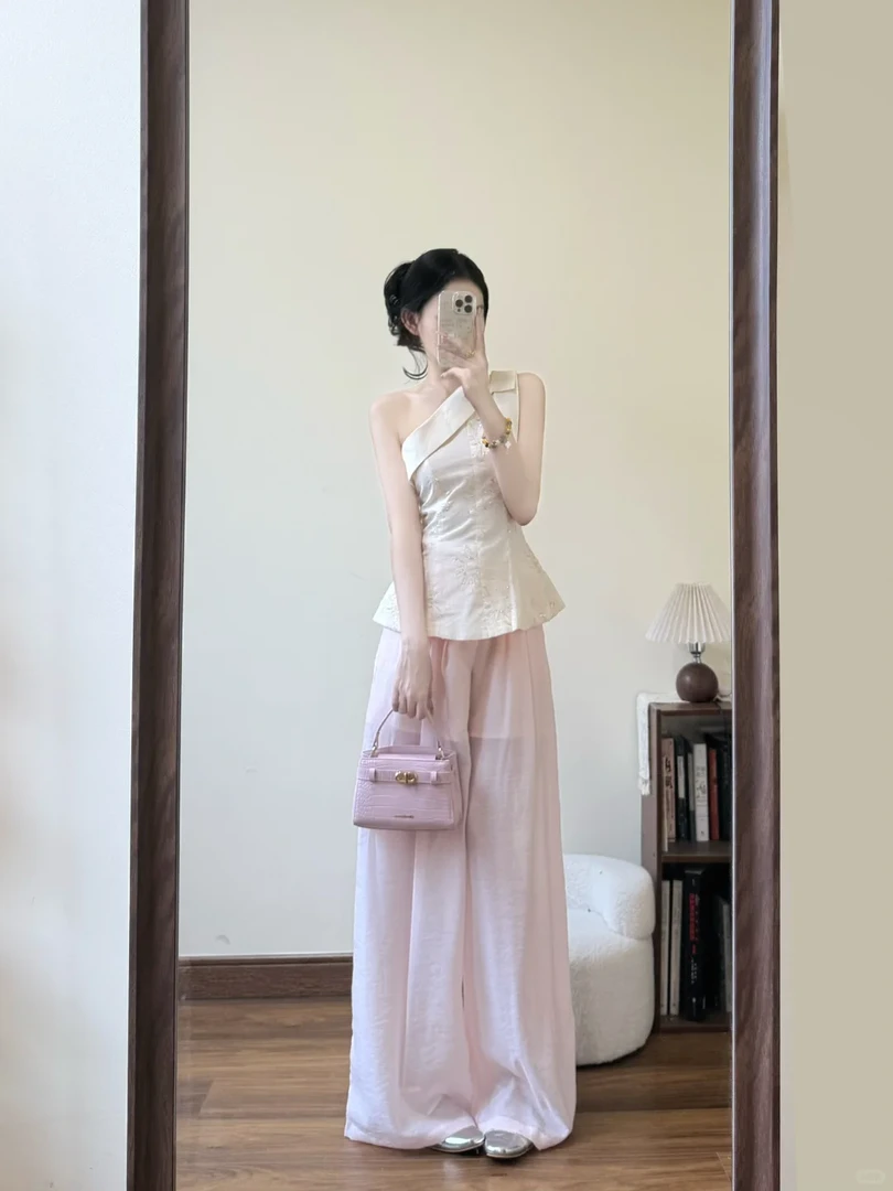 2025夏季新款法式高级感刺绣提花斜肩上衣搭配阔腿裤气质两件套女