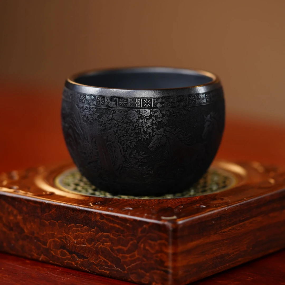 【石黄八骏大水缸】宜兴原矿紫砂大容量水缸杯立体浮雕刻八骏主人杯