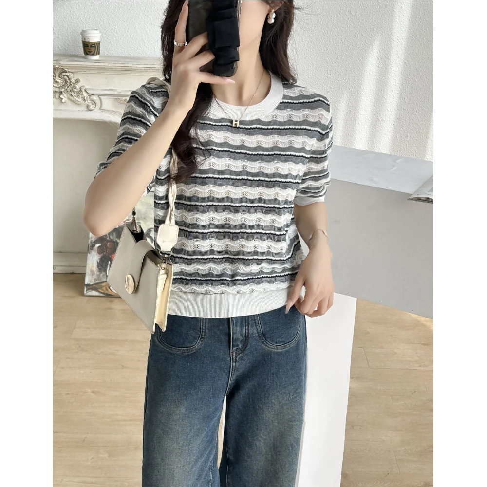 桑蚕丝莱赛尔天丝气质圆领短袖女式针织衫25DAK0864