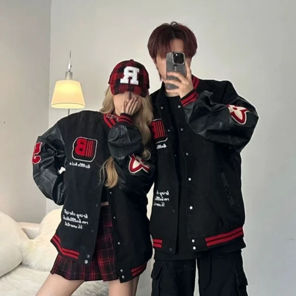 棒球服情侣装美式复古刺绣撞色毛呢男女秋冬款立领加厚夹克外套潮