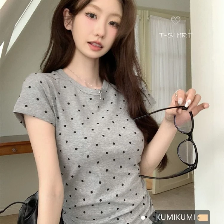 纯欲风复古波点撞色正肩短袖T恤女夏季2025新款修身显瘦百搭上衣