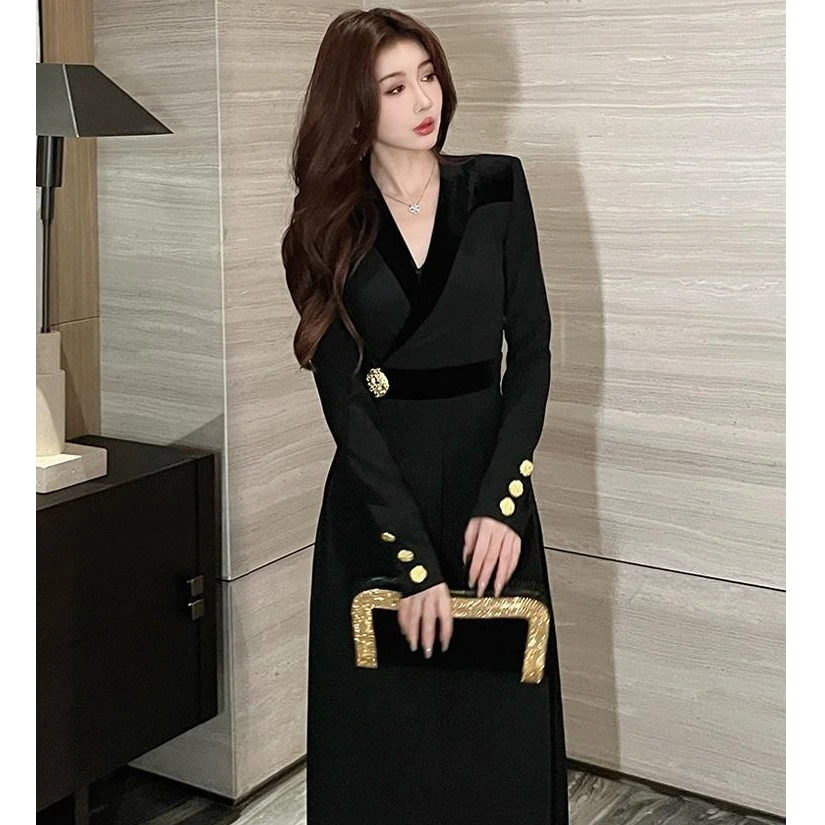 YY轻奢御姐范高级感V领长袖开叉修身连衣裙女3198