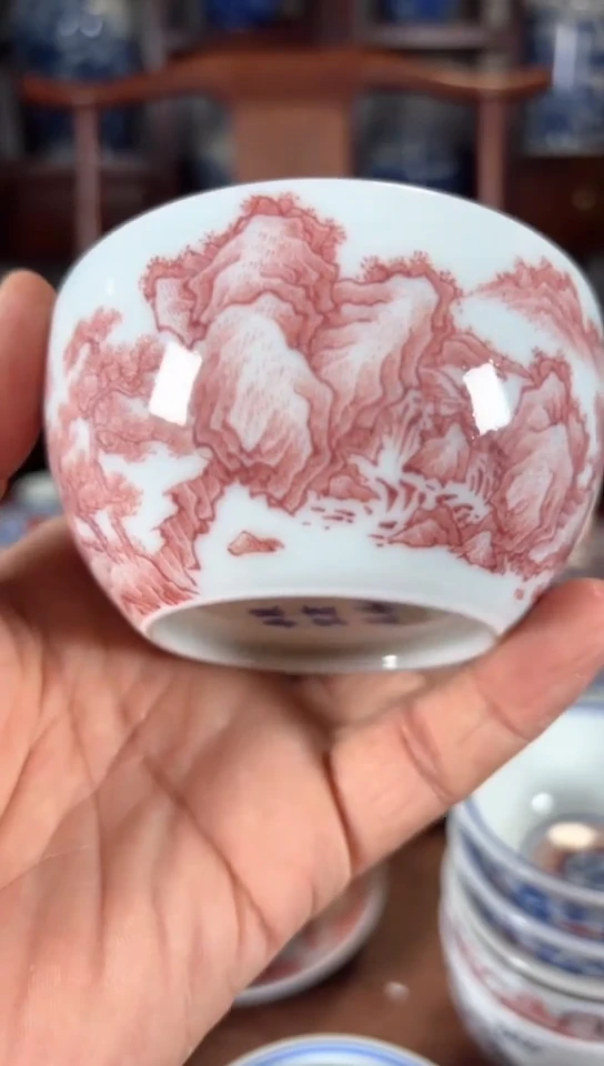 柴窑釉里红山水杯杯