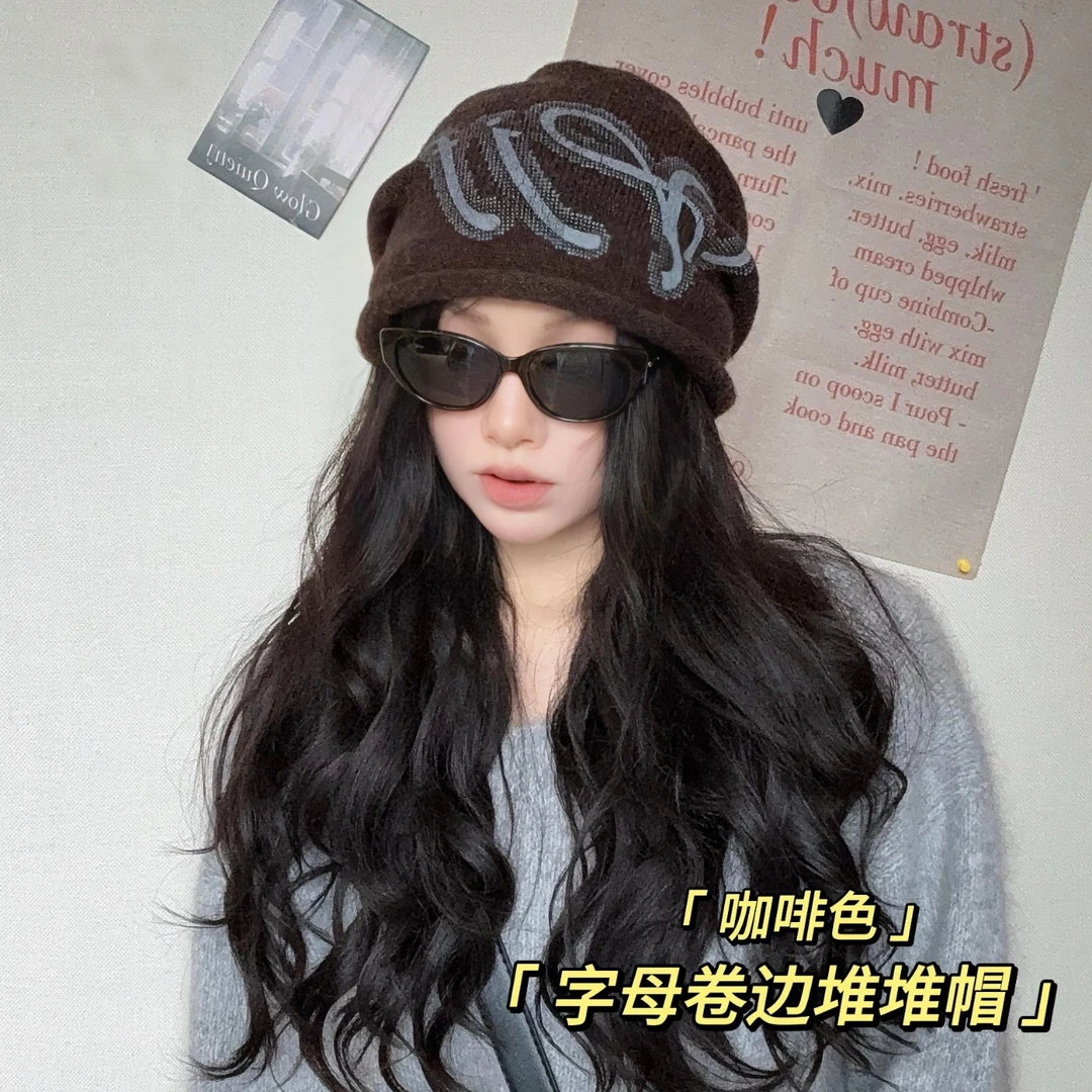 新款帽子女秋冬美式复古百搭字母冷帽加厚保暖显脸小针织堆堆帽子