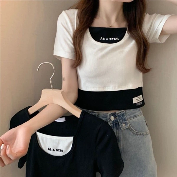 女装T恤 短款修身型短袖圆领夏季字母韩版小个子假两件百搭显瘦