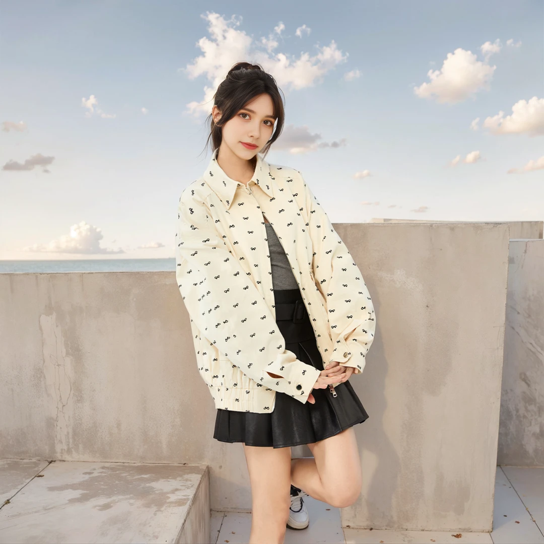 潮牌蝴蝶结满印外套女春秋2025新款复古收腰夹克宽松短款百搭上衣