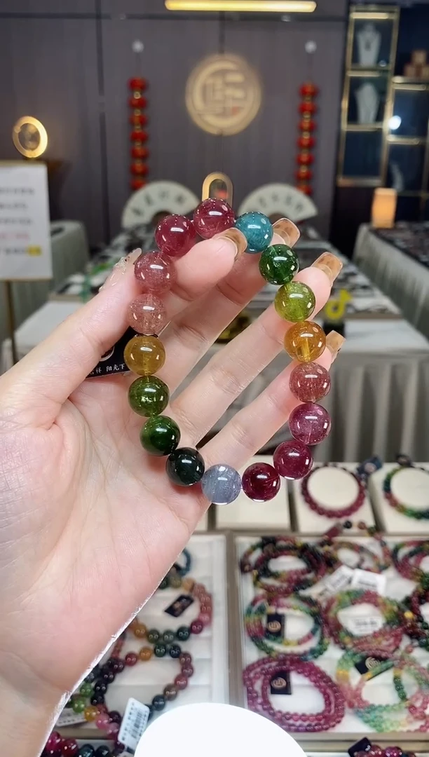 未镶嵌老矿碧玺色标彩虹单圈手串12mm+碧玺dan多样性发货一条