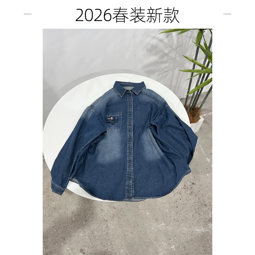 【杨英家】复古港风刺绣米奇渐变水洗牛仔薄绒春装新款衬衫 7639