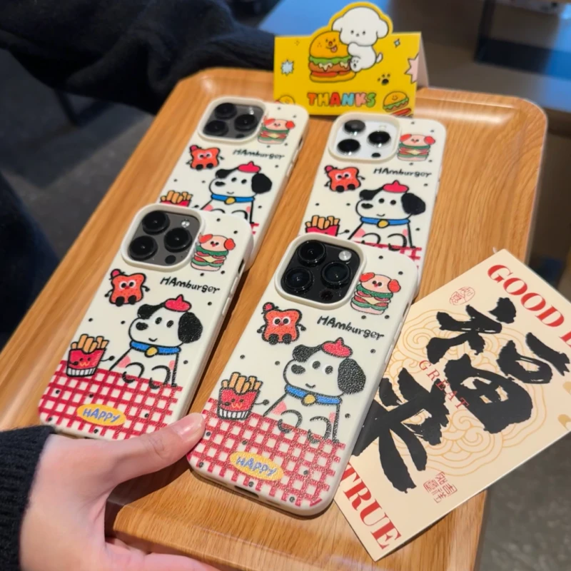奥菲顿汉堡波点小狗适用iPhone16/15/14荔枝纹11苹果13手机壳12套