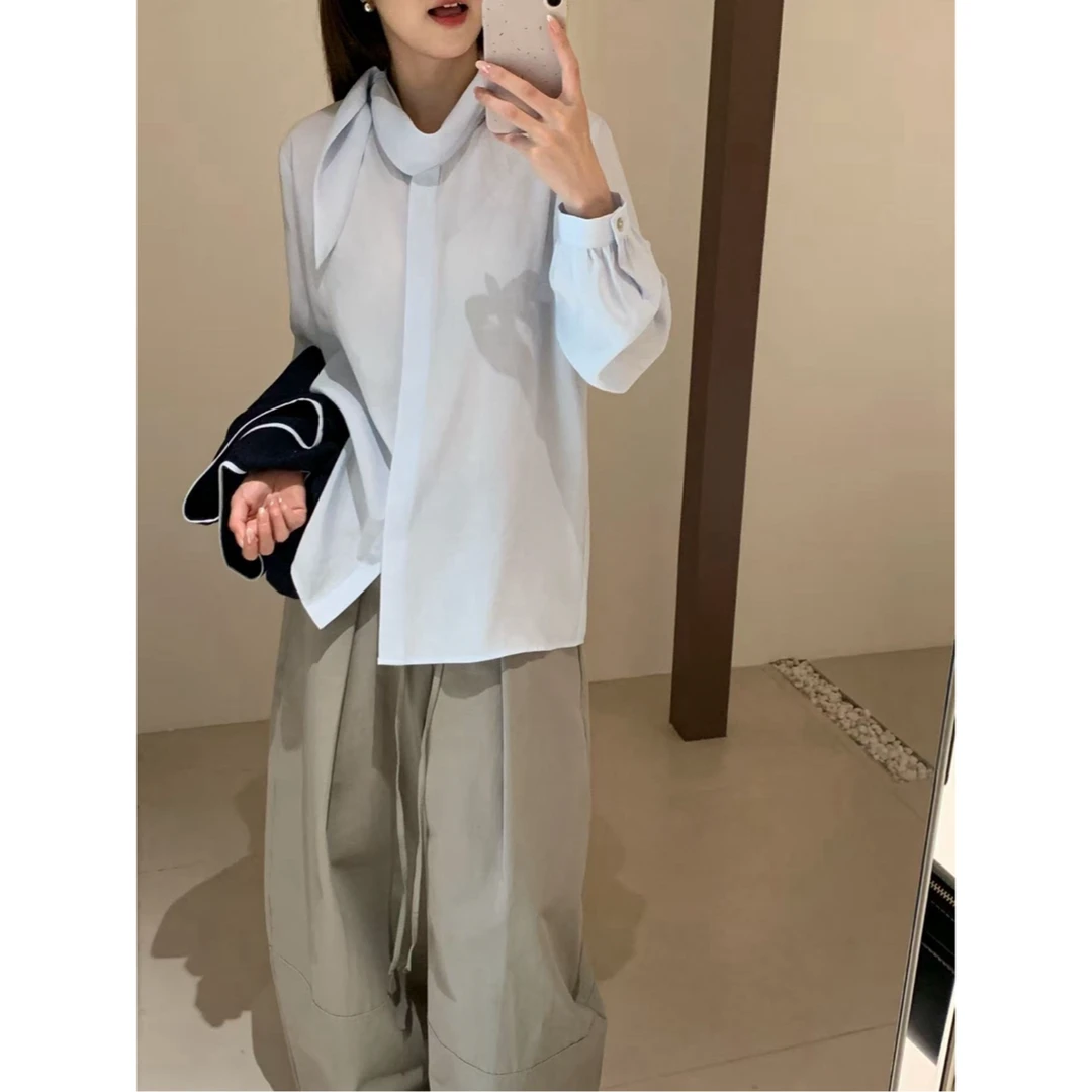 8251252 韩系气质飘带领长袖衬衫女秋款宽松洋气轻熟风通勤小衫