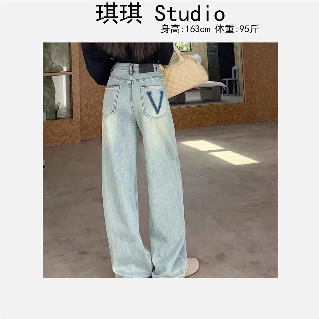早春新款潮流气质时尚复古蓝口袋拼色V显瘦减龄百搭牛仔裤3065-U