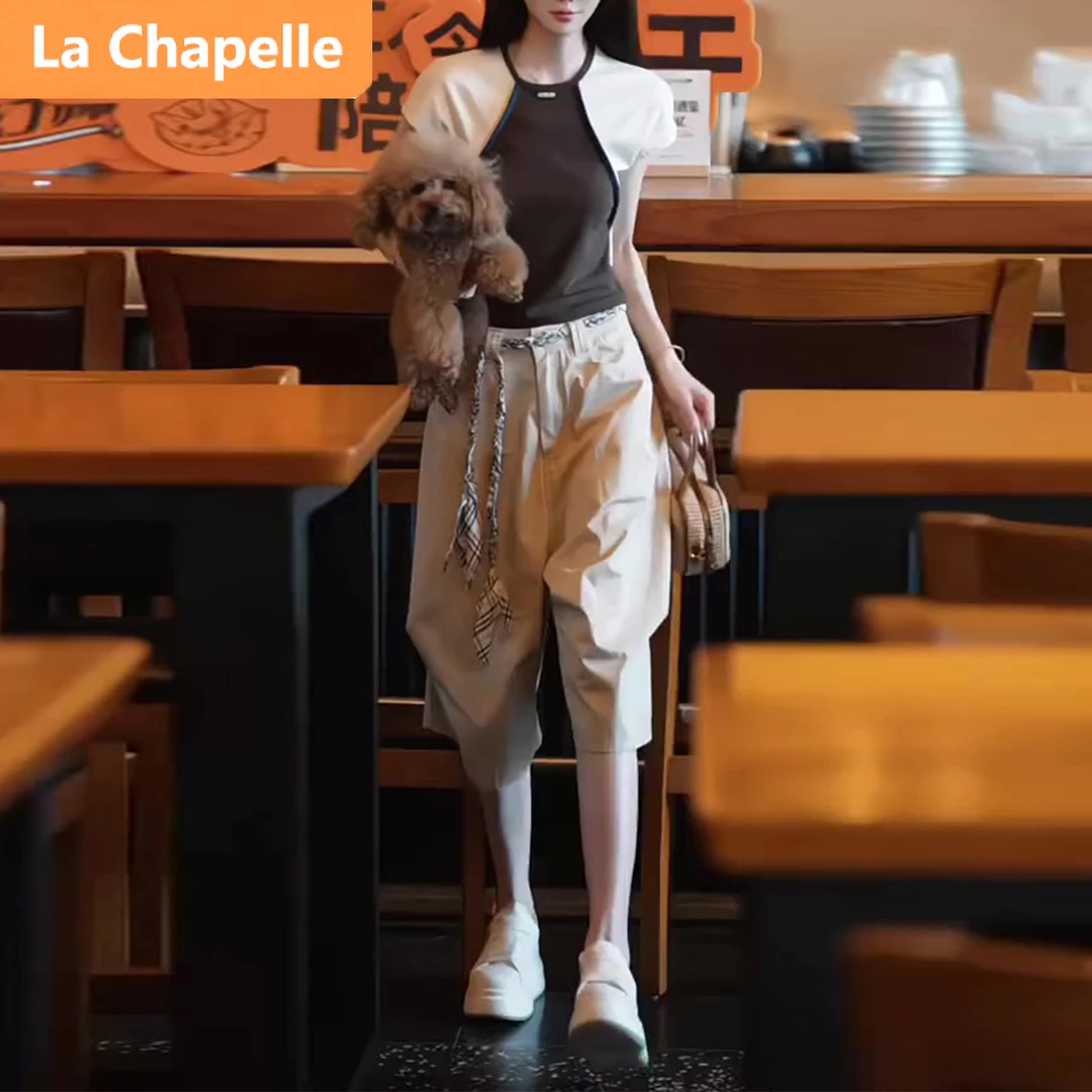 拉夏贝尔设计感休闲短袖套装女2025夏季高档拼接T恤七分裤两件套