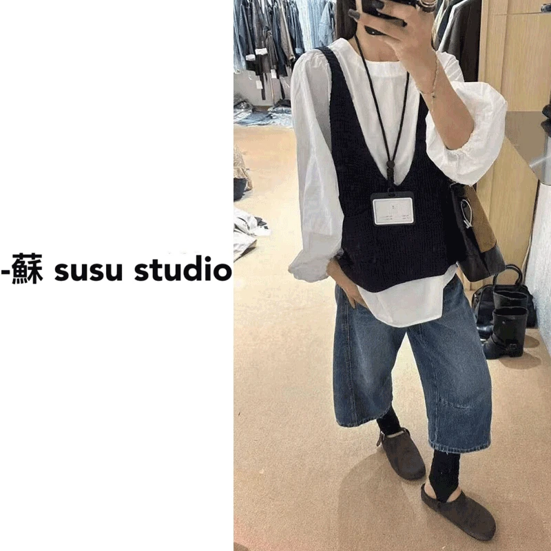 JS韩系圆领极简宽松显瘦衬衫+毛衣背心两件套秋新设计套装女0828