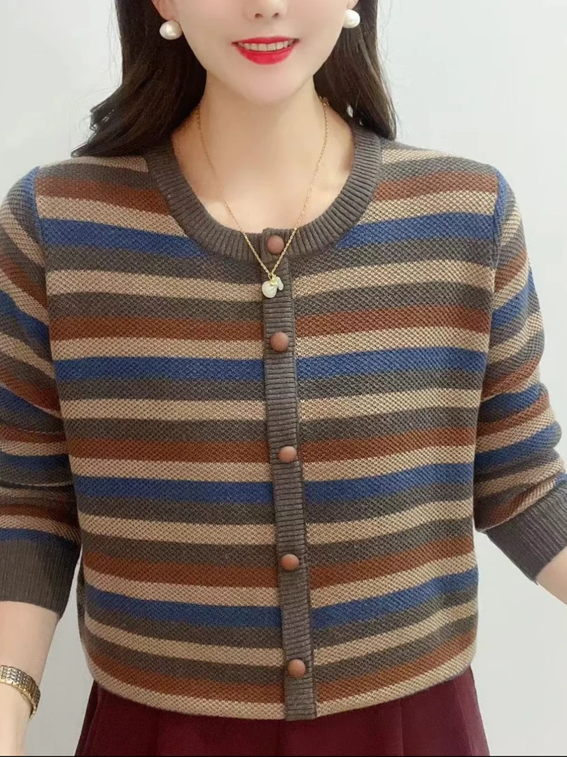 洋气条纹针织衫套头妈妈装2025秋冬季新款修身显瘦气质毛衣上衣女
