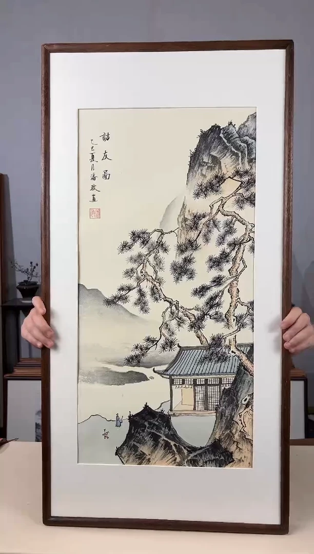 国画手绘*访友图*47*92cm实木框