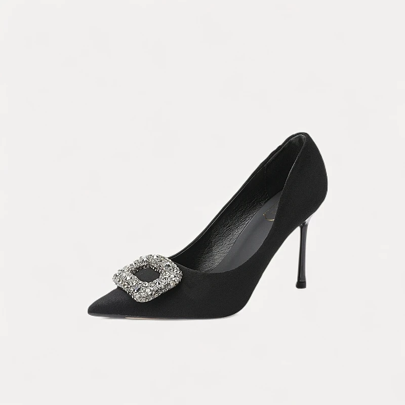 水钻尖头高跟鞋女新款气质名媛百搭性感黑色方扣浅口绒面细跟单鞋