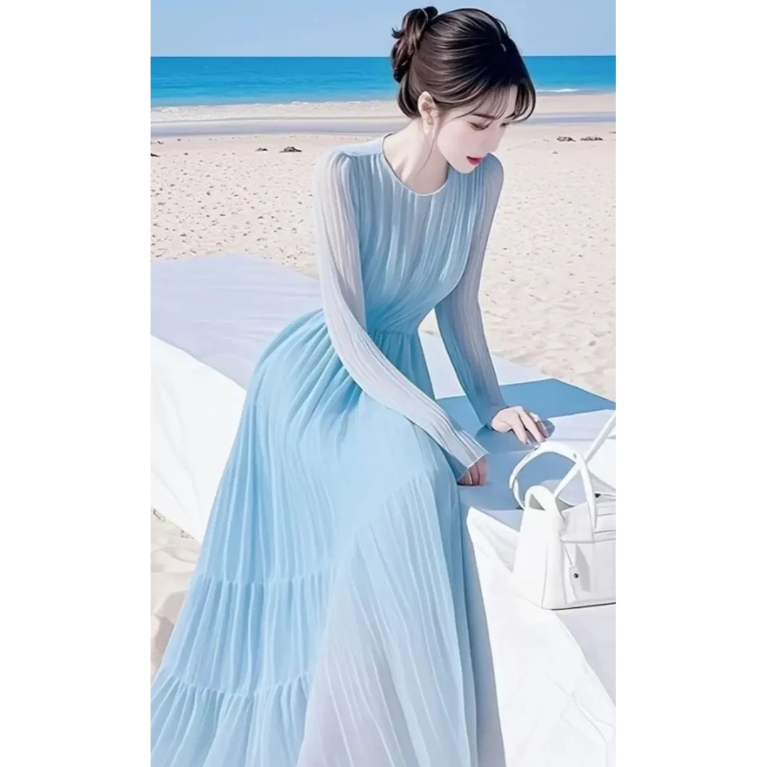 独特别致蓝色雪纺连衣裙女2025早春法式度假风约会钓系收腰长裙子