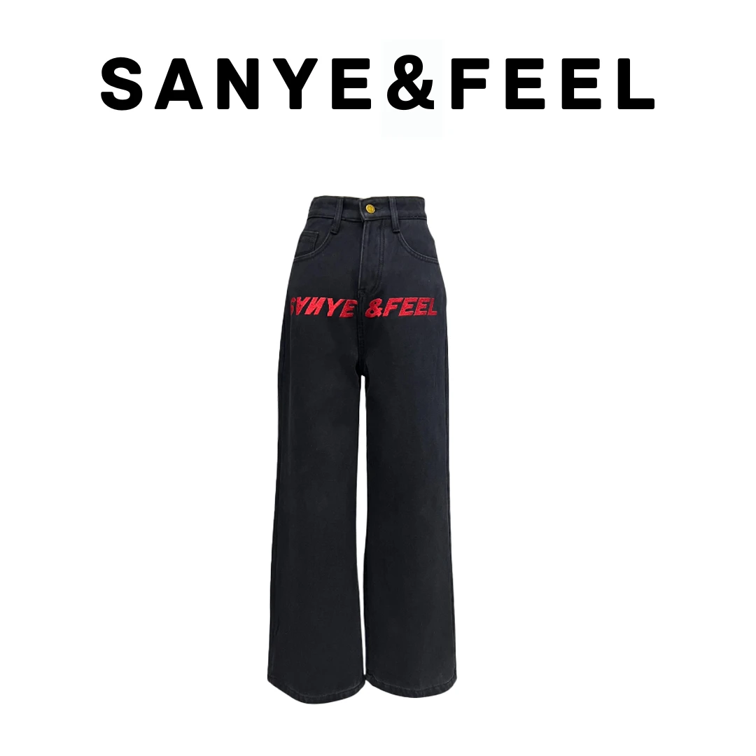 【妍三也】63070秋季新款复古牛仔裤+红色撞色纽扣上衣YX