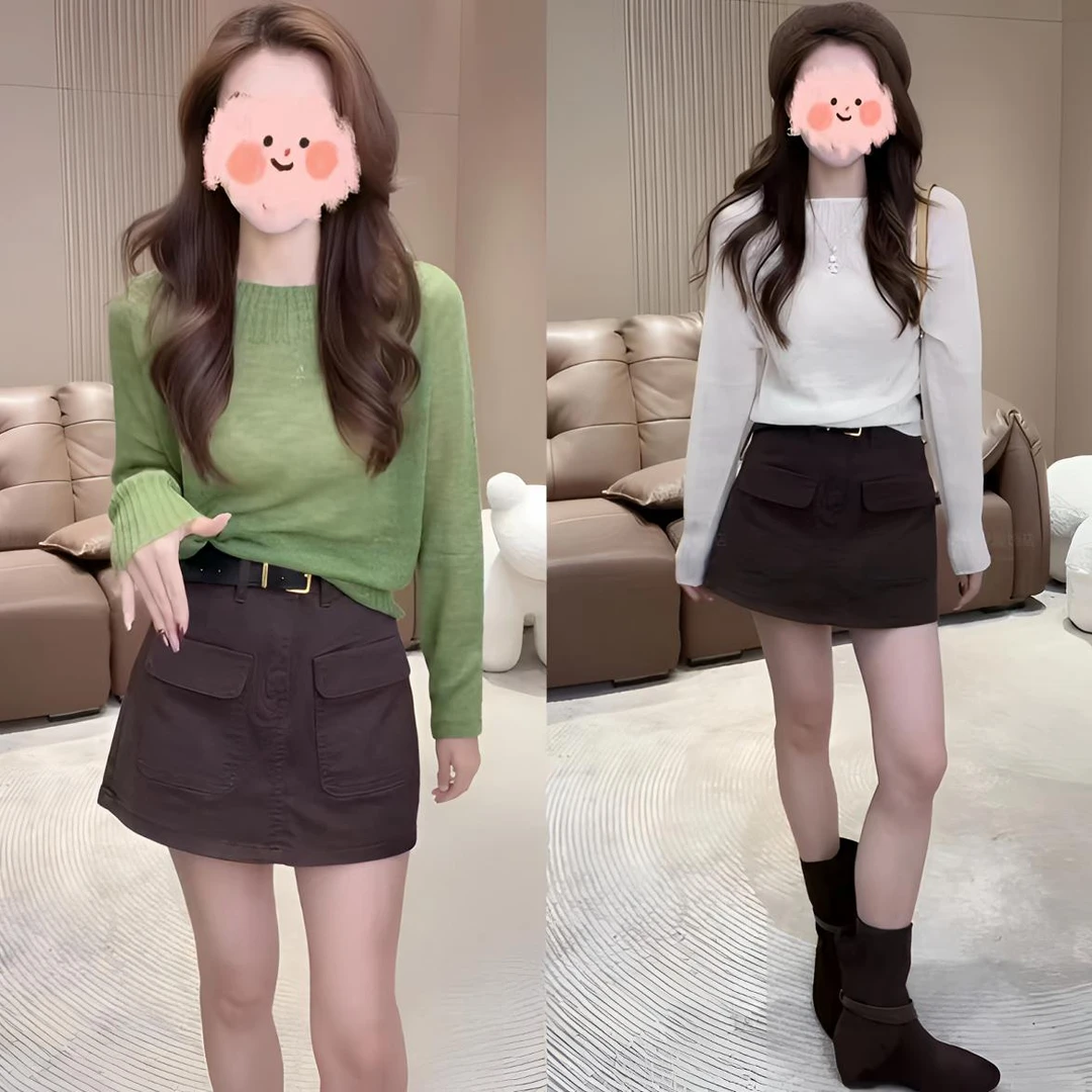 早秋独特超好看套装韩系温柔气质一字领长袖针织衫工装裙裤两件套