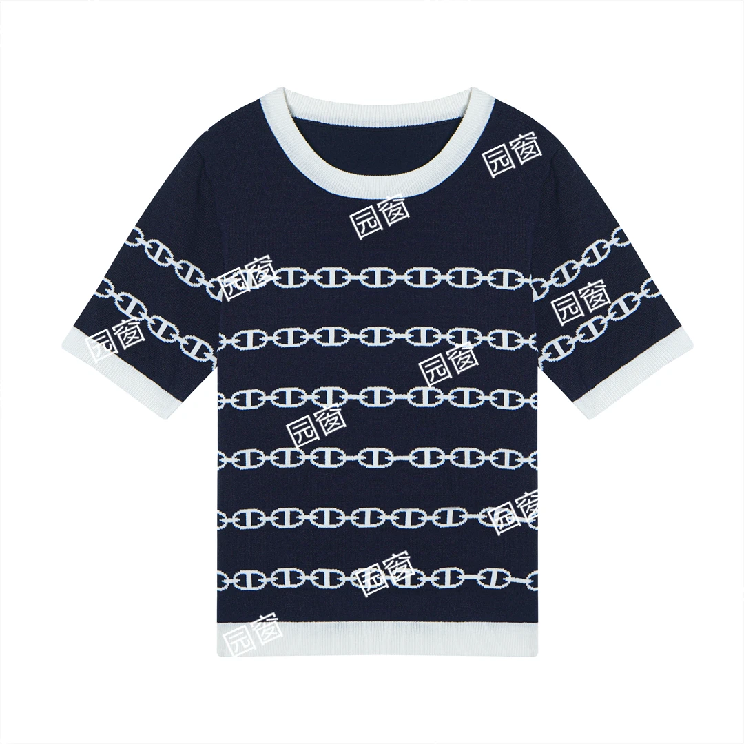 5781时尚舒适提花撞色拼接圆领短袖针织上衣5235