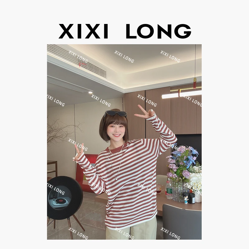 大喜 简约时尚条纹圆领气质宽松百搭显瘦长袖T恤 W626