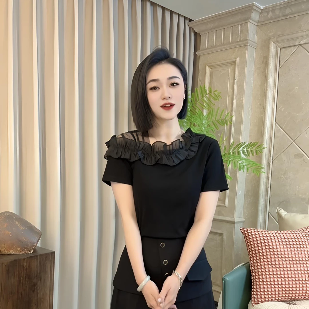 依骊汇新款夏季不规则百搭洋气设计漏肩显瘦荷叶边T恤7726