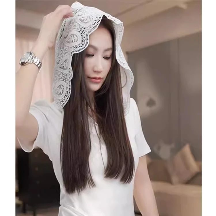 白色蕾丝拼接连帽短袖T恤女2025春季新款小众设计感不撞款上衣夏