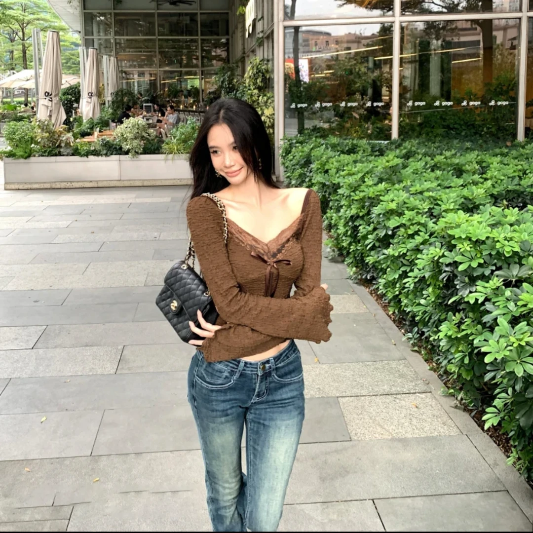 迈沃格辣妹千禧风复古蕾丝系带长袖蝴蝶结设计褶皱显瘦上衣女