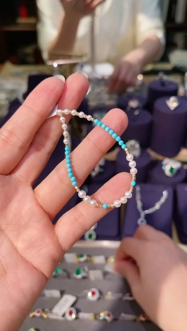 【闪购商品】淡水珍珠手链18K金镶嵌淡水珍珠绿松石手链