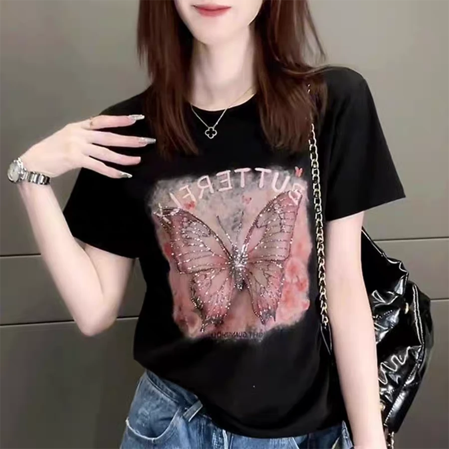 短袖2025t恤蝴蝶印花烫钻时尚重工夏季圆领显瘦新款女装上衣洋气