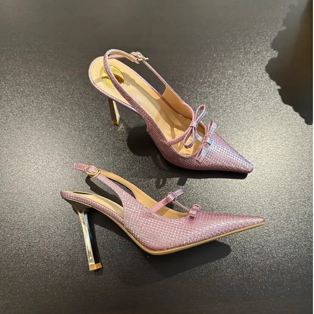 蝴蝶结亮片尖头浅口高跟鞋2025夏新款细跟缕空包头凉鞋后空女单鞋