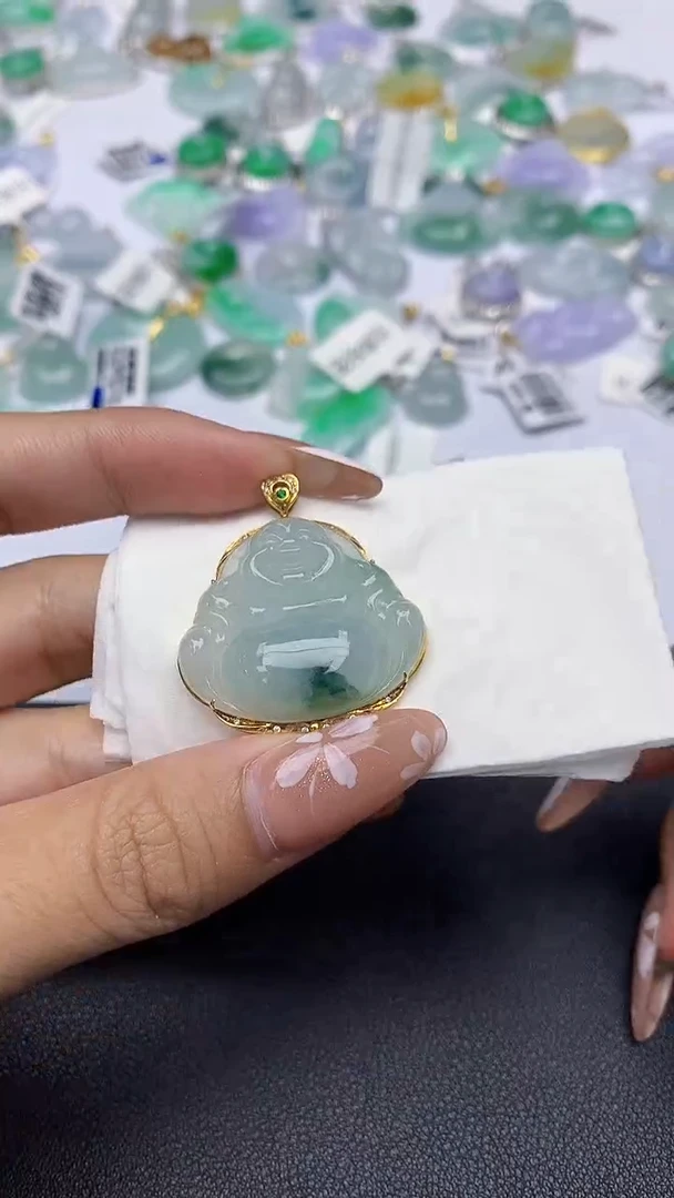 颈饰18K金镶嵌翡翠天然缅甸a货翡翠百元以上9元证书费自理