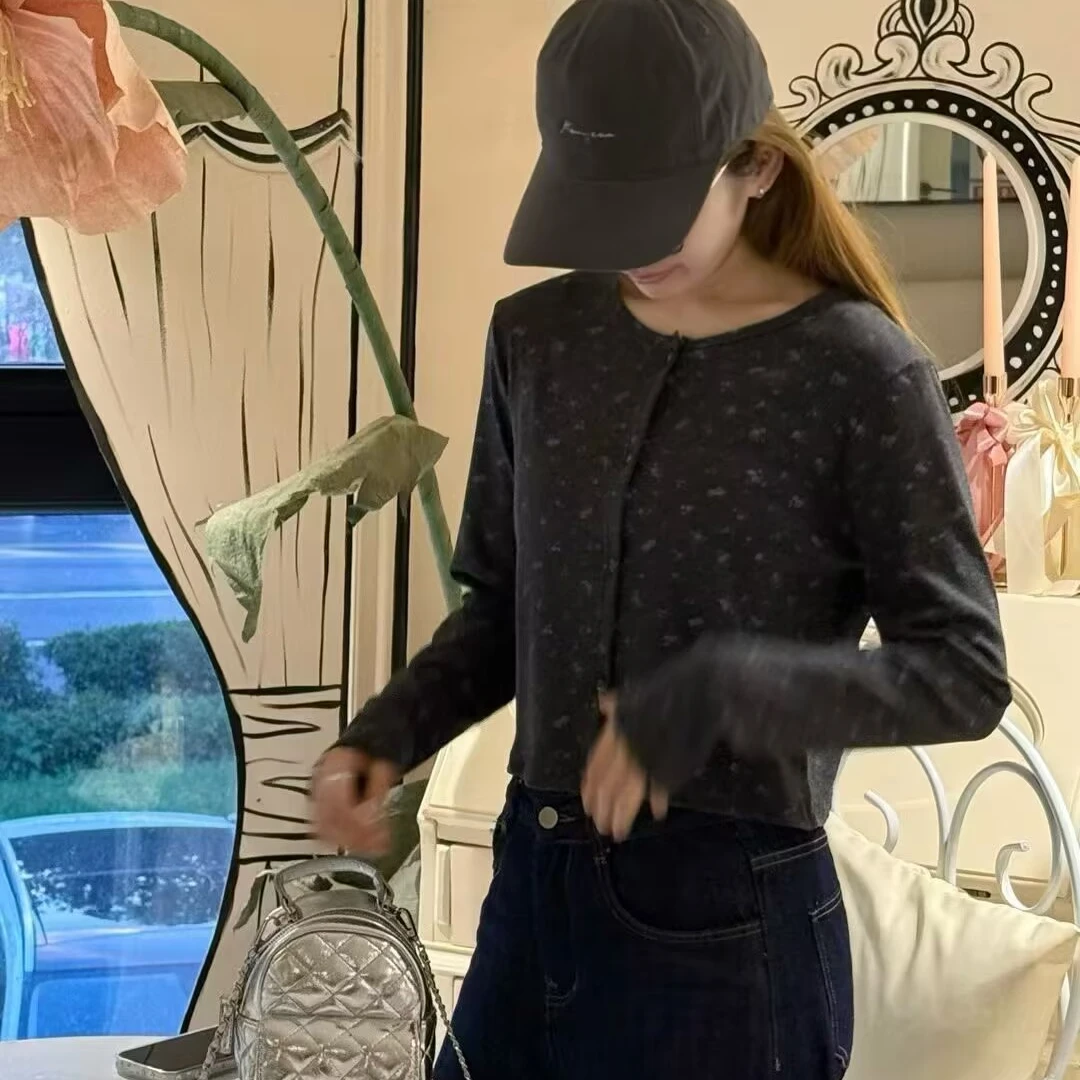 K2221「紫罗兰笺」 碎花超好看灰色小开衫